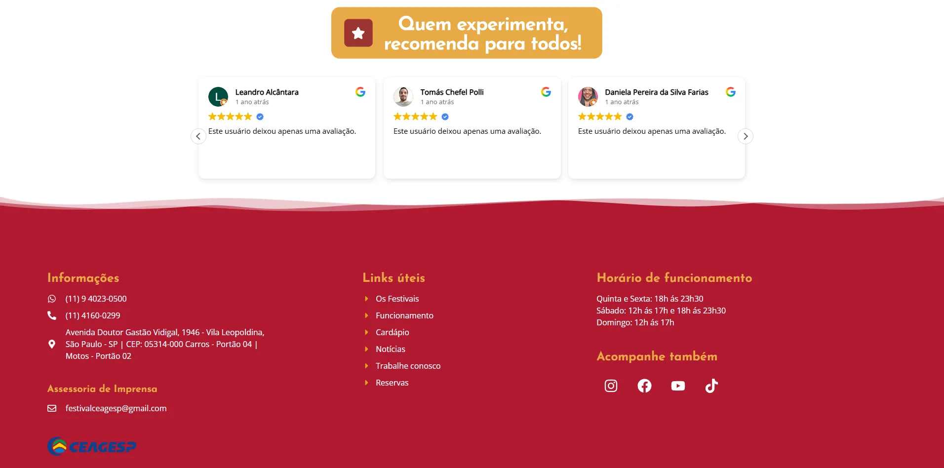 Seção de avaliações e rodapé do portal dos festivais da CEAGESP