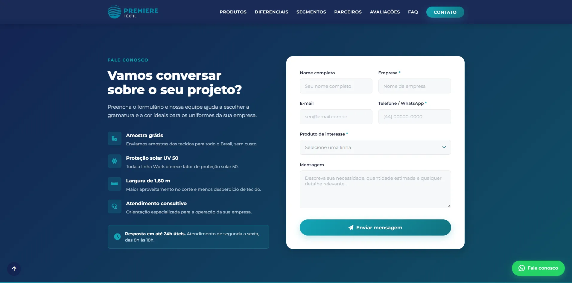 Seção de contato da landing da Premiere Têxtil