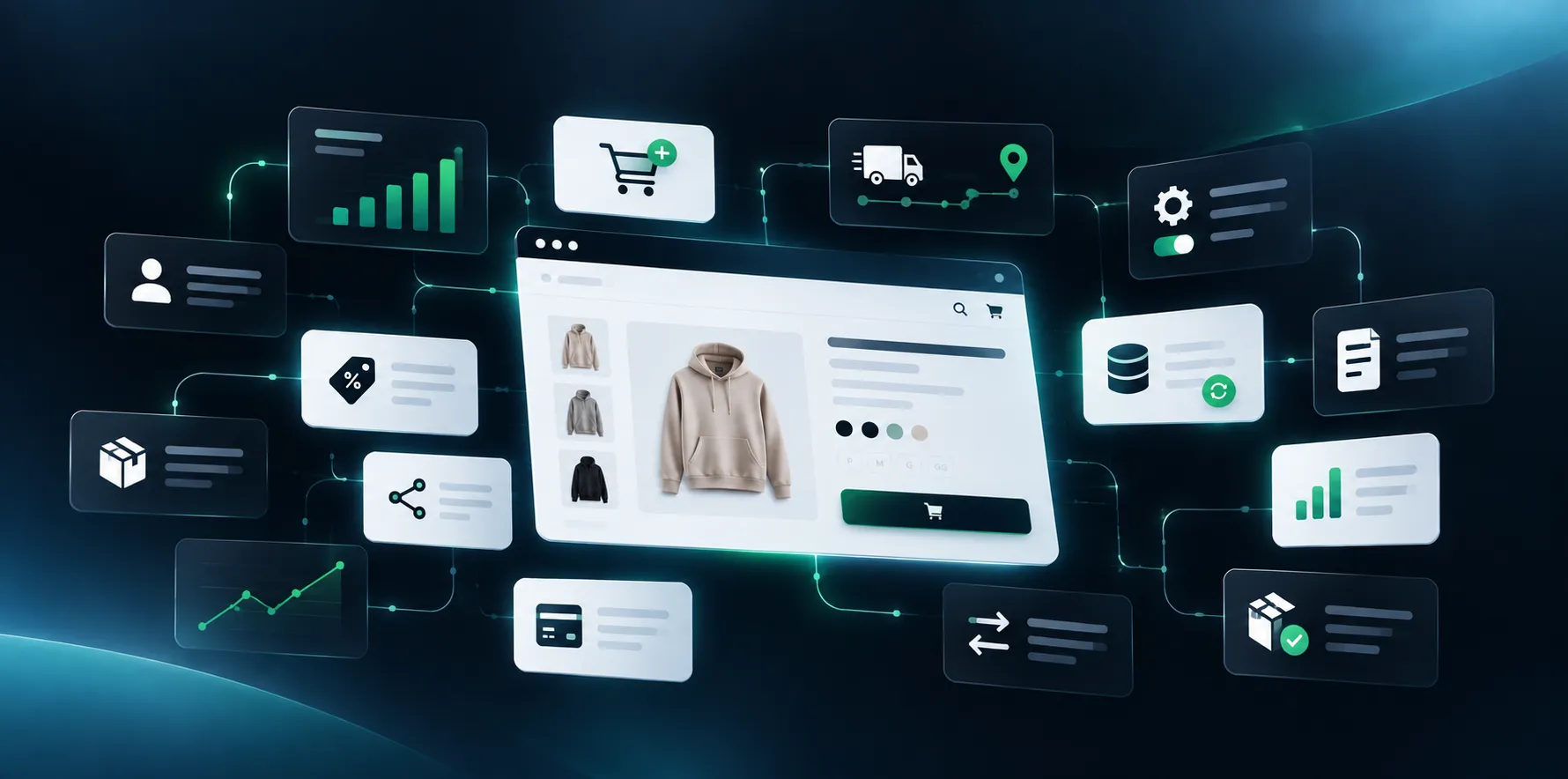Ilustração de uma loja de e-commerce cercada por módulos conectados — carrinho, frete, pagamento, integração e relatórios —, representando plugins e extensões que ampliam a operação.