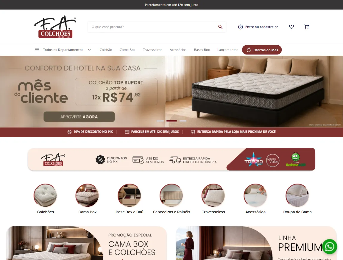 Tela do módulo de frete da F.A Colchões