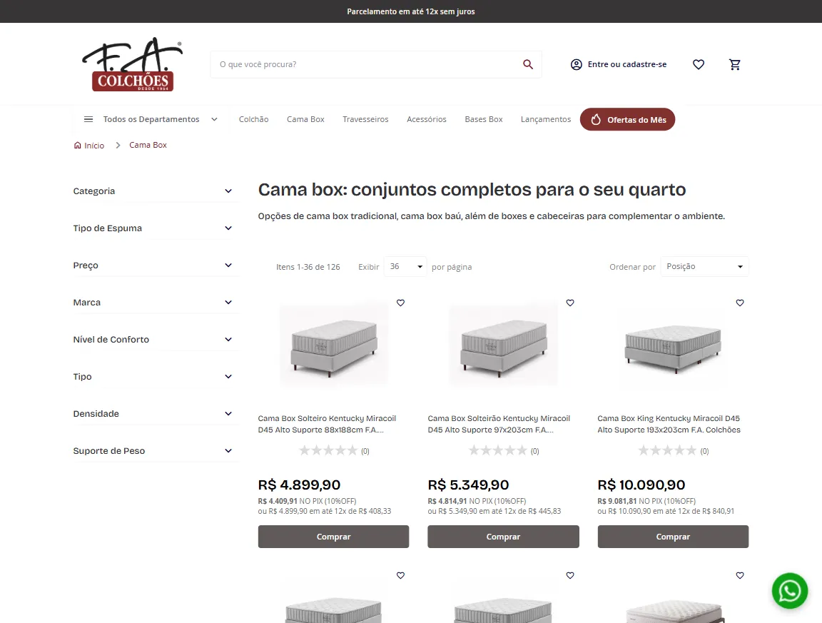 Tela do módulo de frete da F.A Colchões
