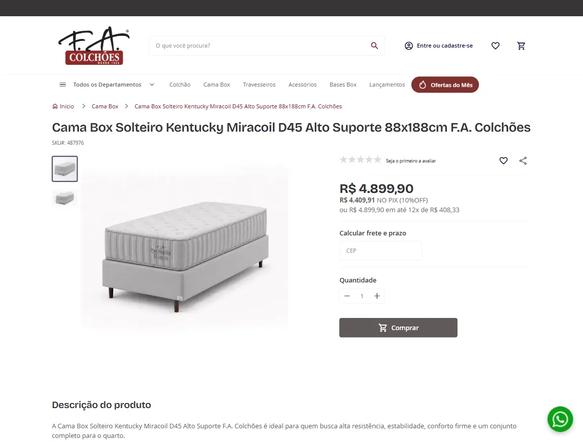 Tela do módulo de frete da F.A Colchões