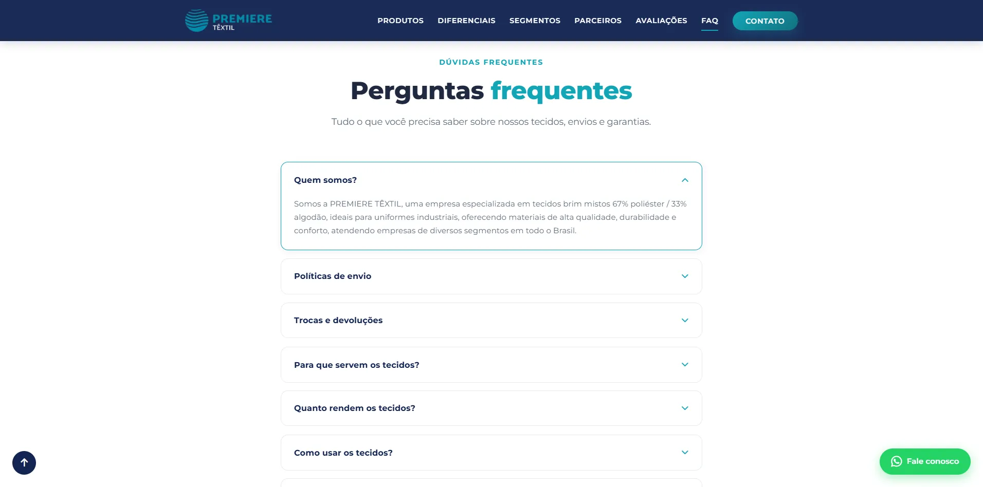 Seção de perguntas frequentes da landing da Premiere Têxtil