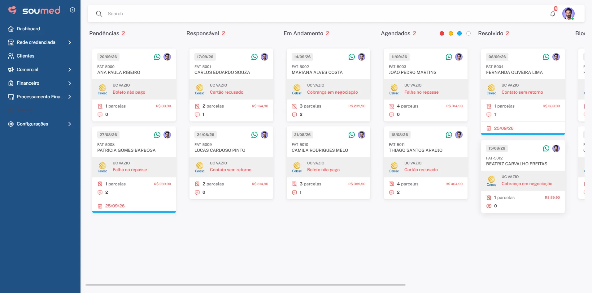 Kanban de inadimplência do Soumed, com colunas de status e cards de cobrança