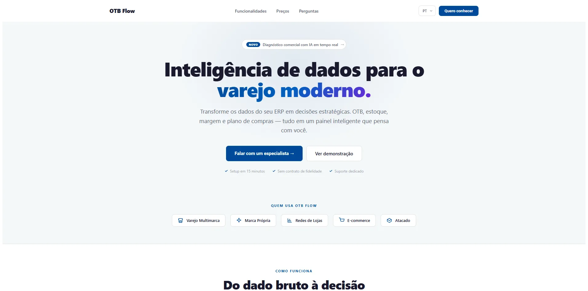 Landing page do OTB Flow com a chamada 'Inteligência de dados para o varejo moderno' e os segmentos de varejo que usam a plataforma
