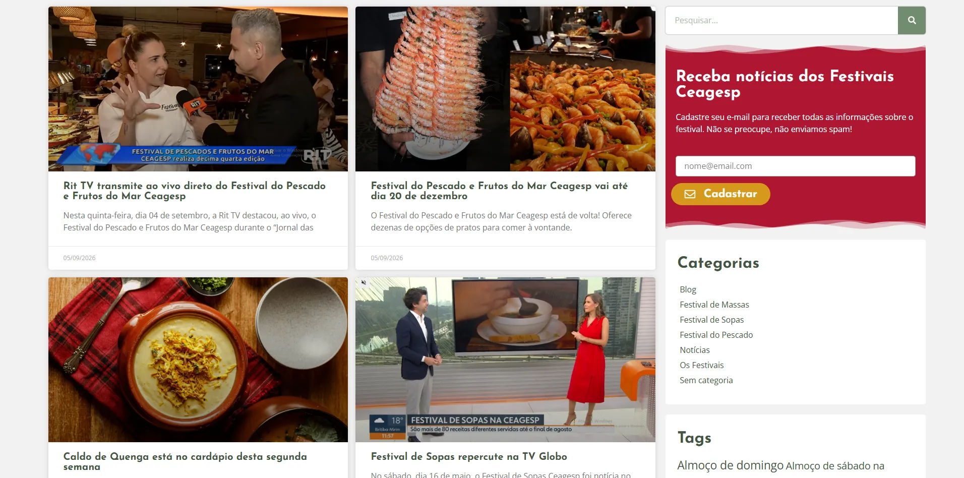 Seção de notícias do portal dos festivais da CEAGESP