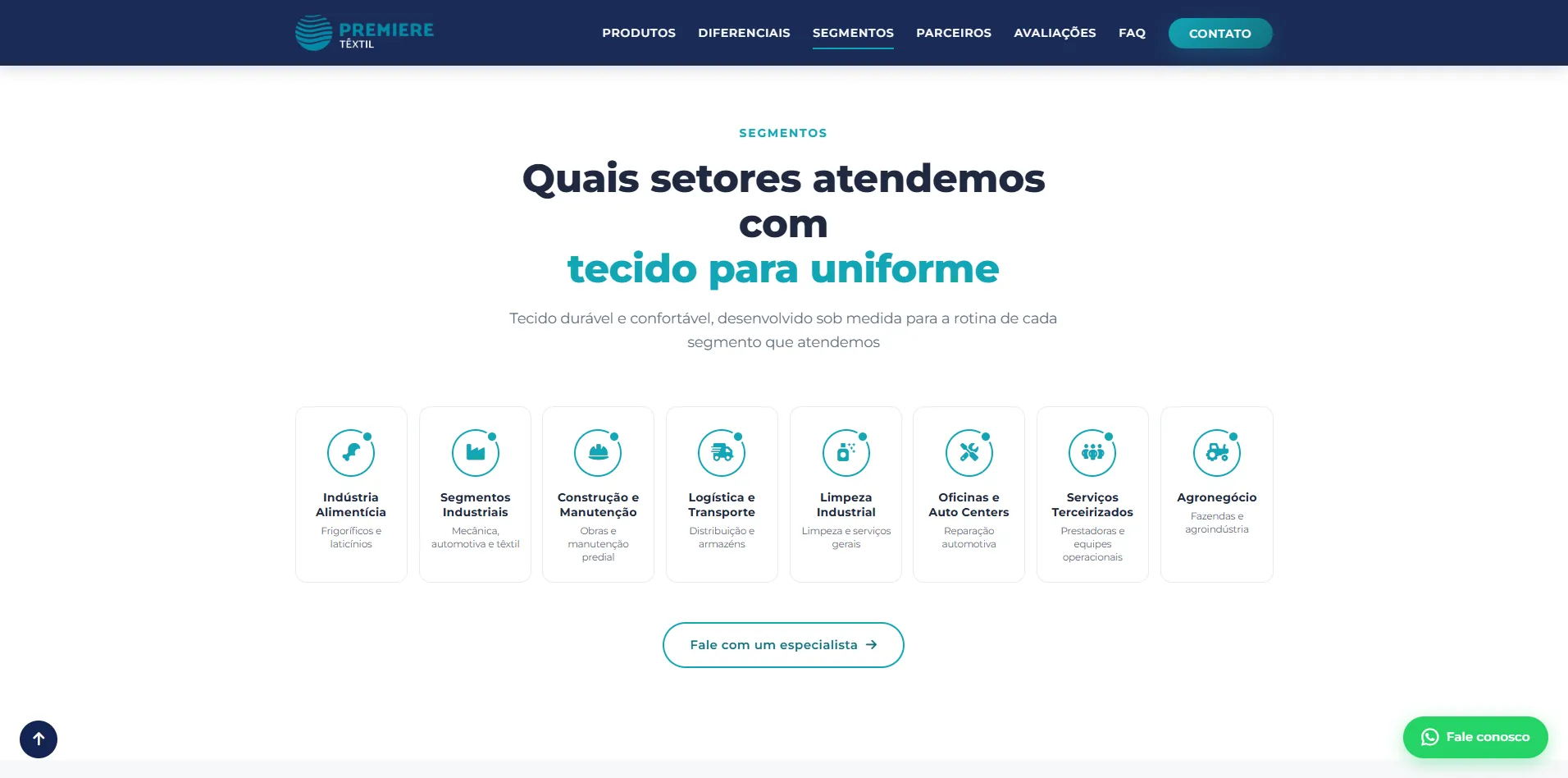 Seção de segmentos da landing da Premiere Têxtil